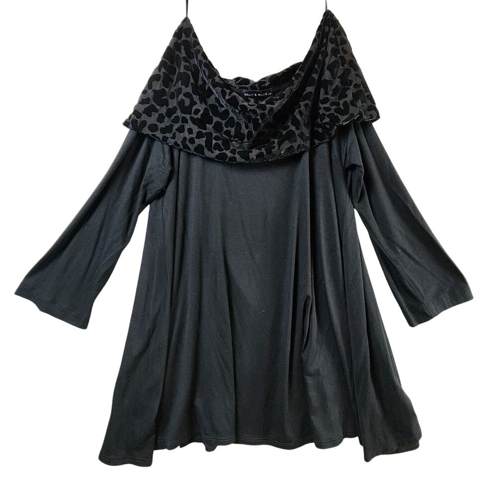 Nally & Millie Black Leopard Cowl Neck Top Women Medium Long Sleeve Flared